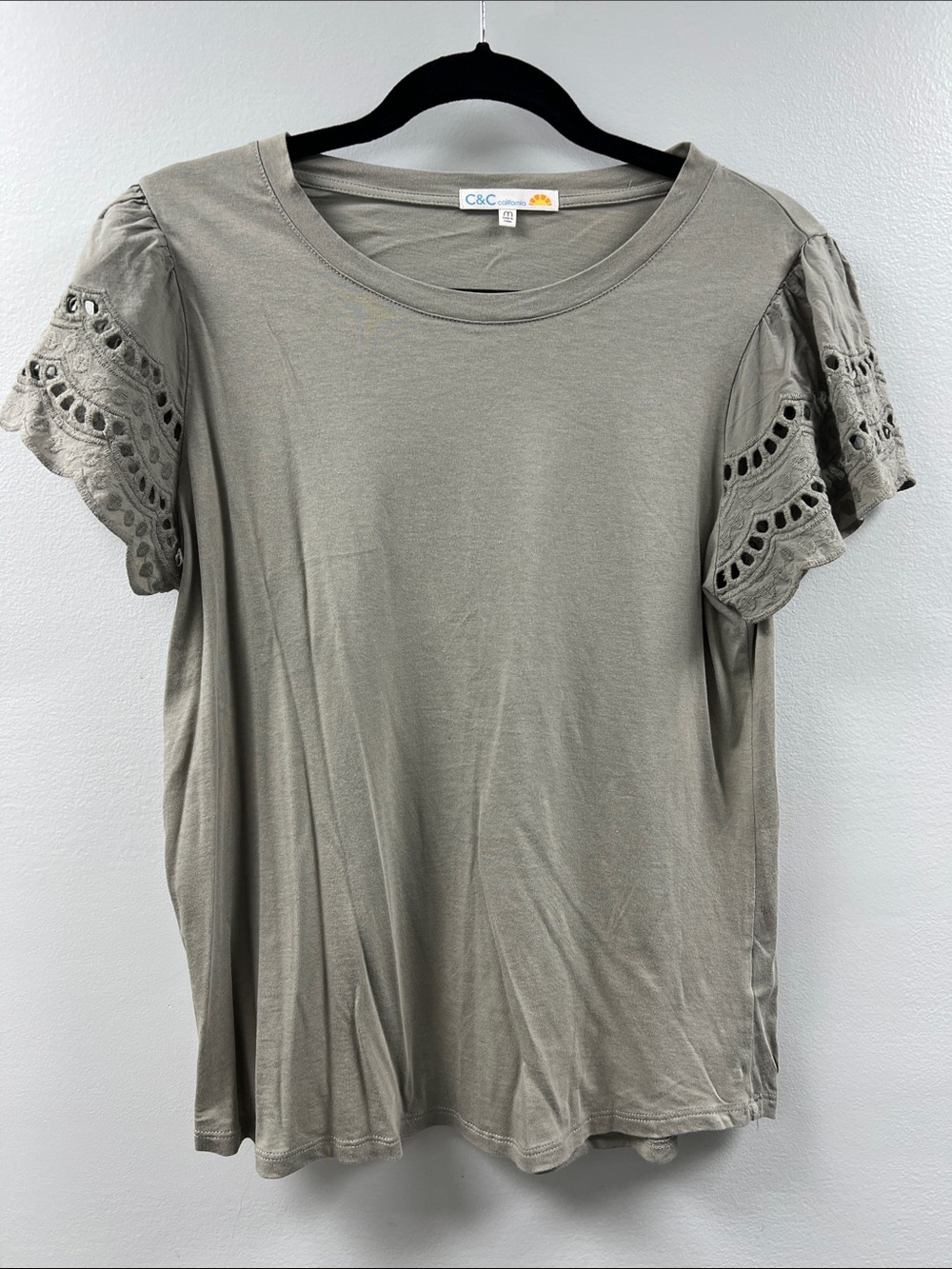 C&C California Olive Green Eyelet Flutter Sleeve Tee